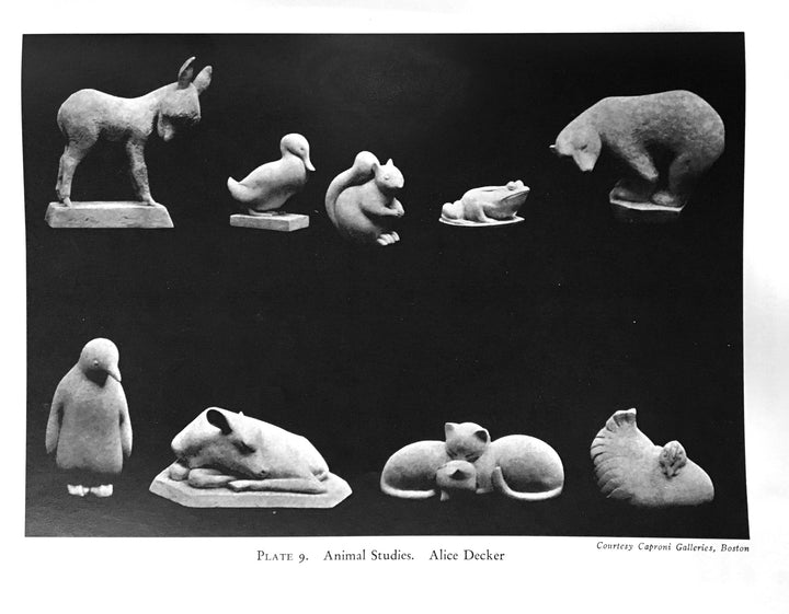 scanned page of P.P. Caproni and Brother catalog with black and white photos of plaster casts of various small animal sculptures