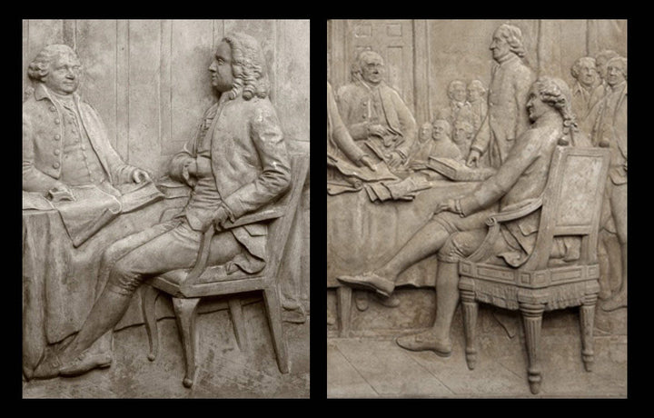 collage of two photos of closeups of plaster cast reliefs depicting John Adams at the signing of the Treaty of Paris and John Hancock at the signing of the Declaration of Independence