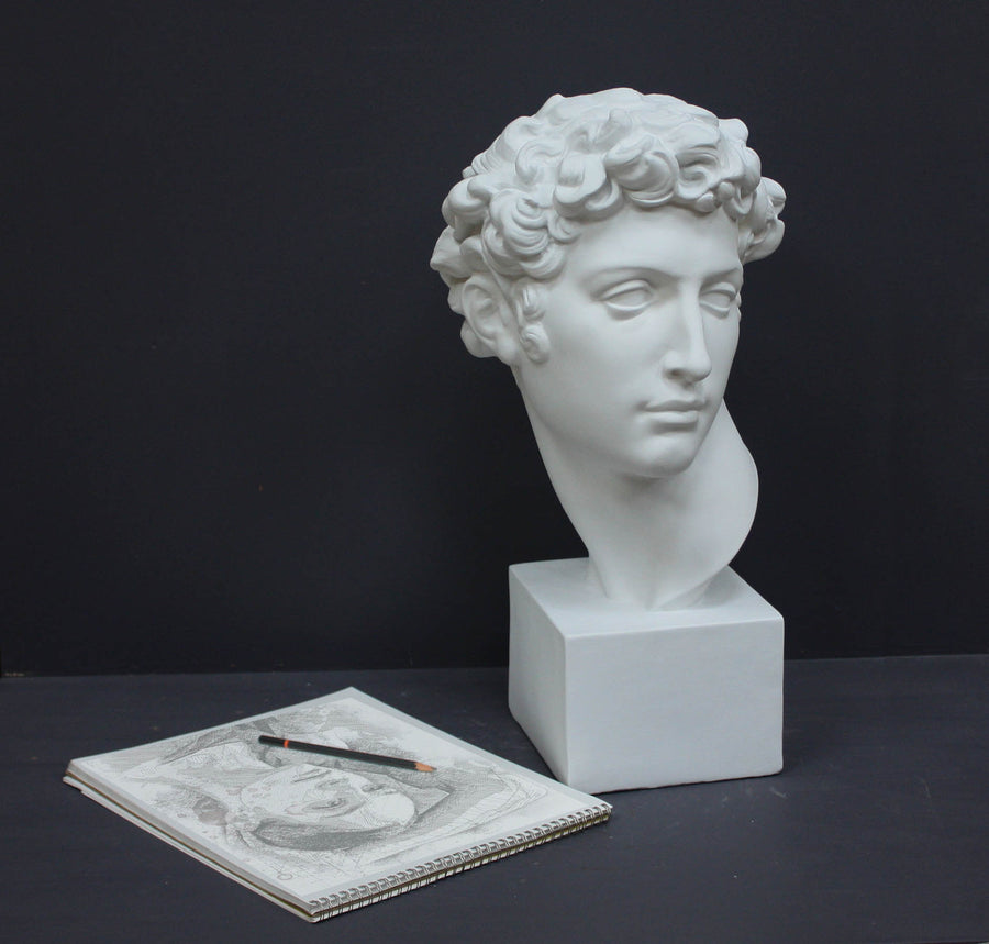 photo of white plaster cast bust sculpture of male with curly hair atop cube base with sketchbook and pencil beside it against gray background
