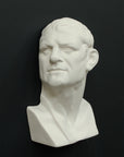 Photo of white plaster cast sculpture of mask/face of male facing right on gray background