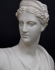 closeup photo of white plaster cast bust sculpture of woman, namely the goddess Diana, with drapery and crown and up-do against a black background