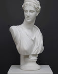 photo of white plaster cast bust sculpture of woman, namely the goddess Diana, with drapery and crown and up-do set atop a short white plaster cast pedestal in the Doric style with a fluted column against a gray background