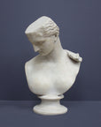 photo of off-white plaster cast sculpture bust of female without top of head and with piece of drapery on socle base on gray background