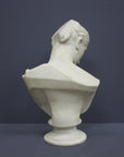 photo of off-white plaster cast sculpture bust of female without top of head and with piece of drapery on socle base on gray background