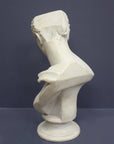 photo of off-white plaster cast sculpture bust of female without top of head and with piece of drapery on socle base on gray background