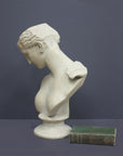 photo of off-white plaster cast sculpture bust of female without top of head and with piece of drapery on socle base with green book laying beside it on gray background