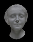Photo of the mask of La Belle Italienne in white plaster on a black background