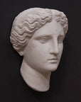 image of plaster cast sculpture mask of female, namely Athena, on a gray background