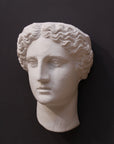 image of plaster cast sculpture mask of female, namely Athena, on a gray background