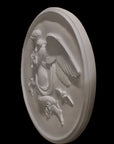 photo of plaster cast relief of woman with wings flying with two children nestled against her and an owl flying on a dark background