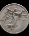 photo of plaster cast relief of female with wings flying and a cherub on her back on black background