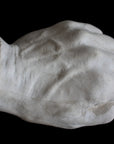 Photo of white plaster cast of a life cast of a clenched fisted hand on a black background