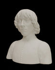 photo of plaster cast bust of man with high-neck shirt and shoulder-length hair with black background