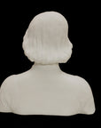 photo of plaster cast bust of man with high-neck shirt and shoulder-length hair with black background