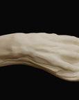 Photo of a white plaster cast of an elderly hand on a black background