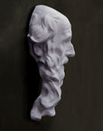 photo of plaster cast of the male face of Saint Andrew with long beard on gray background
