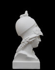 photo of plaster cast sculpture bust of female head, namely the goddess Athena, with a helmet on a black background