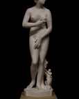 photo of plaster cast sculpture of Venus standing nude with two putti riding a dolphin at her feet on black background