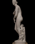 photo of plaster cast sculpture of Venus standing nude with two putti riding a dolphin at her feet on black background