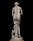 photo of plaster cast sculpture of Venus standing nude with two putti riding a dolphin at her feet on black background