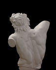 photo with black background of plaster cast of sculpted male torso and head with curly hair and beard, namely Laocoon
