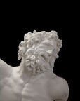 photo with black background of plaster cast of sculpted male torso and head with curly hair and beard, namely Laocoon
