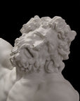 photo with black background of plaster cast of sculpted male torso and head with curly hair and beard, namely Laocoon