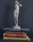 image of a plaster statue of a nude female figure, namely Phryne, atop books on a gray background