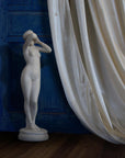 image of a plaster statue of a nude female figure, namely Phryne, next to a cream-colored curtain on a detailed background of a blue wooden wall/door and brown wood floor