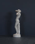 image of a plaster statue of a nude female figure, namely Phryne, on a gray background