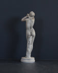 image of a plaster statue of a nude female figure, namely Phryne, on a gray background