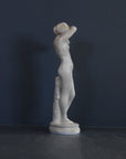 image of a plaster statue of a nude female figure, namely Phryne, on a gray background