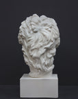 back view photo of white plaster cast bust of Gaul depicted with mustache and rope around neck atop white base on gray background