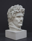 photo of white plaster cast bust of Gaul depicted with mustache and rope around neck atop white base on gray background