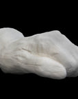 Photo of white plaster cast of a life cast of a clenched fisted hand on a black background