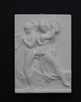 Photo with black background of plaster cast sculpture relief of females playing instruments