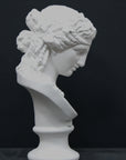 photo of plaster cast of sculpture bust of Ariadne or Bacchus with long, curly hair and head band on a black background
