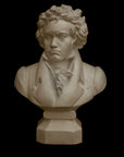 photo of plaster cast sculpture of male bust of Ludwig van Beethoven in dress coat and ruffled necktie on black background