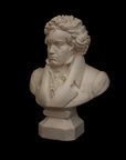 photo of plaster cast sculpture of male bust of Ludwig van Beethoven in dress coat and ruffled necktie on black background