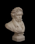 photo of plaster cast sculpture of male bust of Ludwig van Beethoven in dress coat and ruffled necktie on black background