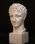 Photo of a sculpture of Hermes head on a black background