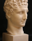 Photo of a sculpture of Hermes head on a black background