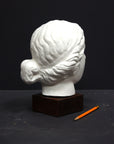 Photo of a sculpture of a female head on a gray background