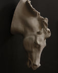 image of a plaster cast sculpture of a horse head mounted on a dark gray surface