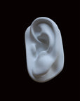photo of cast sculpture drawing of left ear from Michelangelo's David statue against a black background