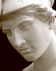photo of plaster cast sculpture bust of female head, namely the goddess Minerva, with a helmet and looking down with black background