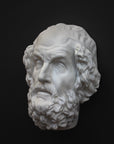 Photo of a white plaster cast mask from a sculpture of Homer on a black background