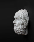 Photo of a white plaster cast of a mask of Homer on a black and gray background