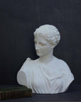 photo of plaster cast of ancient female bust, namely the goddess Diana, with a grey background