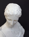 photo of plaster cast of ancient female bust, namely the goddess Diana, with a grey background